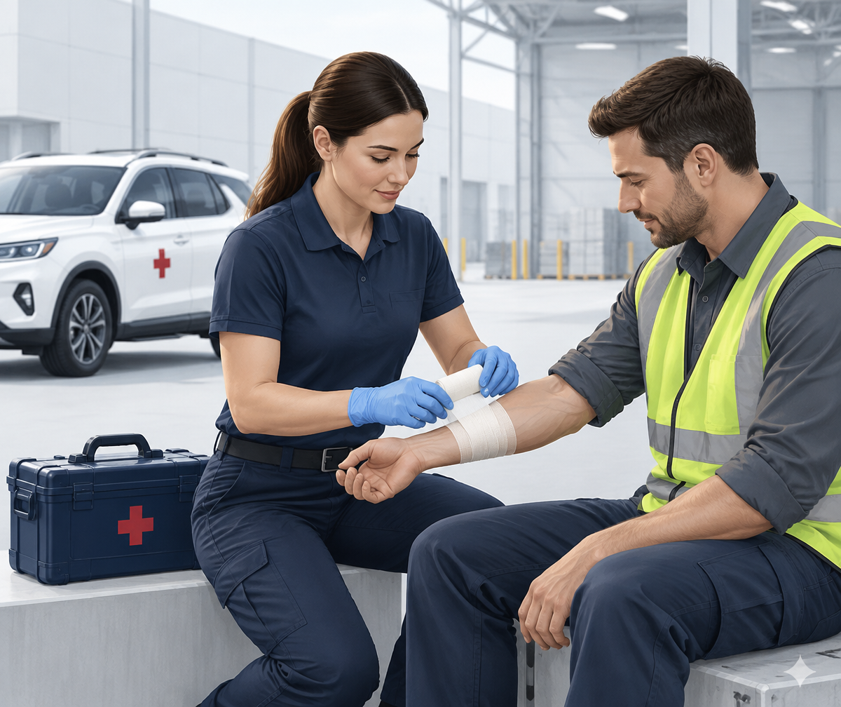 A mobile first-aid technician bandaging an employee's arm at a worksite